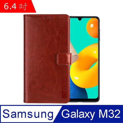 PU IN7 瘋馬紋 Samsung Galaxy M32 (6.4吋) 錢包式 磁扣側掀皮套 吊飾孔 手機皮套保護殼-棕色