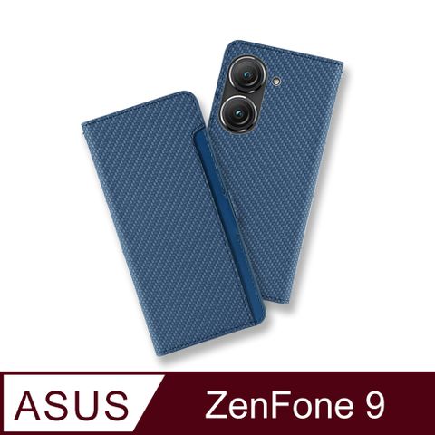 CASE SHOP ASUS Zenfone 9 前插卡側立式皮套-藍