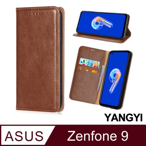 YANG YI 揚邑 ASUS Zenfone 9 磁吸側翻書本可立式插卡皮套真皮紋抗摔手機殼