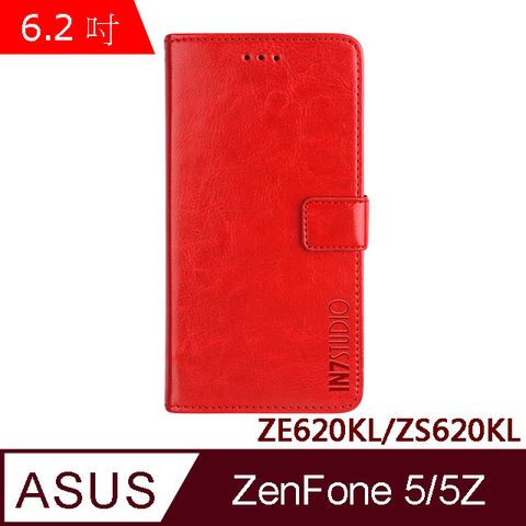 IN7 瘋馬紋 ASUS ZenFone 5/5Z (6.2吋)ZE620KL/ZS620KL 錢包式 磁扣側掀PU皮套 吊飾孔 手機皮套保護殼-紅色