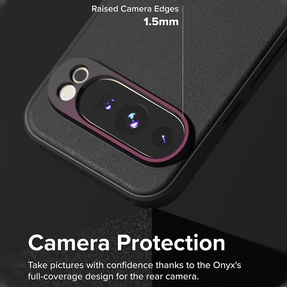 Raised Camera Edges1.5mmCamera ProtectionTake pictures with confidence thanks to the Onyxsfull-coverage design for the rear camera.