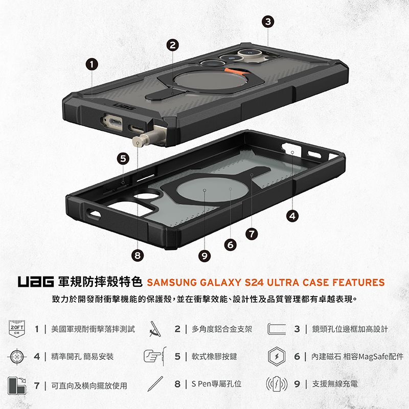 2354769  SAMSUNG GALAXY S24 ULTRA CASE FEATURES致力於開發耐衝擊機能的保護殼,並在衝擊效能、設計性及品質管理都有卓越表現。1 美國軍規耐衝擊落摔測試角度鋁合金支架3 鏡頭孔位邊框加高設計4| 精準開孔簡易安裝7 | 可直向及横向擺放使用5| 軟式橡膠按鍵6| 內建磁石 相容MagSafe配件 8|SPen專屬孔位 1 支援無線充電