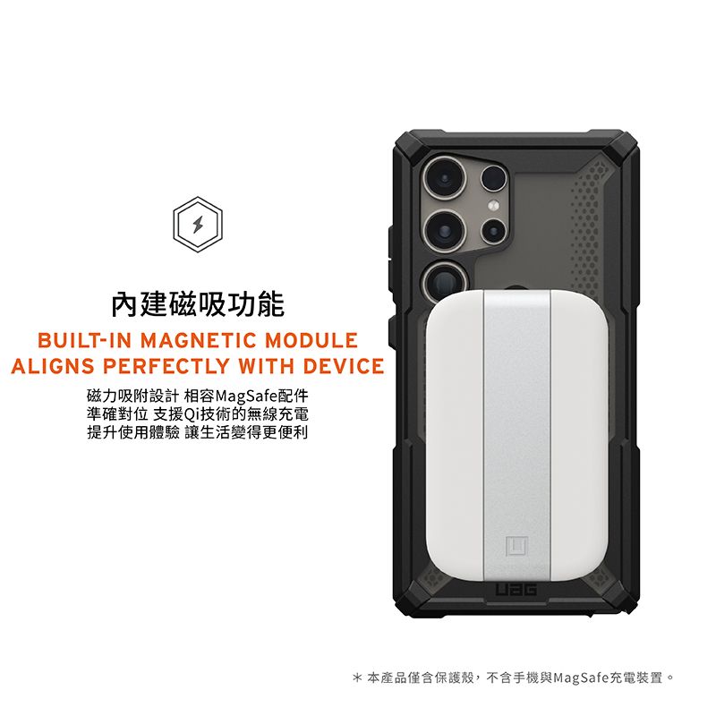 內建磁吸功能BUILT-IN MAGNETIC MODULEALIGNS PERFECTLY WITH DEVICE磁力吸附設計相容MagSafe配件準確對位 支援Qi技術的無線充電提升使用體驗讓生活變得更便利*本產品僅含保護殼,不含手機與MagSafe充電裝置。