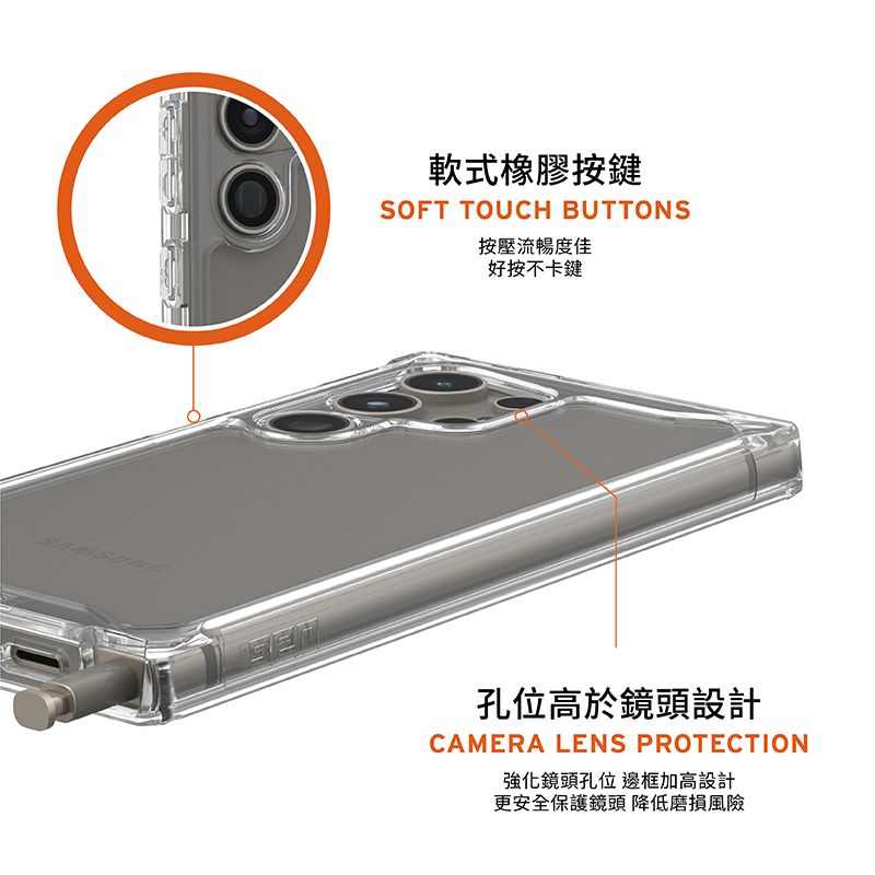 軟式橡膠按鍵SOFT TOUCH BUTTONS按壓流暢度佳好按不卡鍵孔位高於鏡頭設計CAMERA LENS PROTECTION強化鏡頭孔位 邊框加高設計更安全保護鏡頭 降低磨損風險