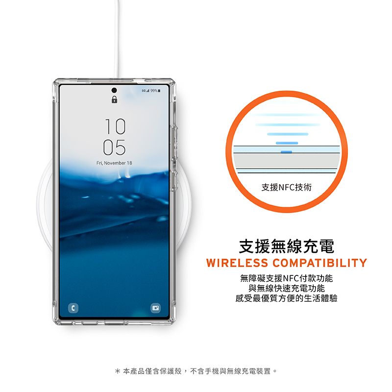 C1005Fri, November 18支援NFC技術支援無線充電WIRELESS COMPATIBILITY無障礙支援NFC付款功能與無線快速充電功能感受最優質方便的生活體驗*本產品僅含保護殼,不含手機與無線充電裝置。