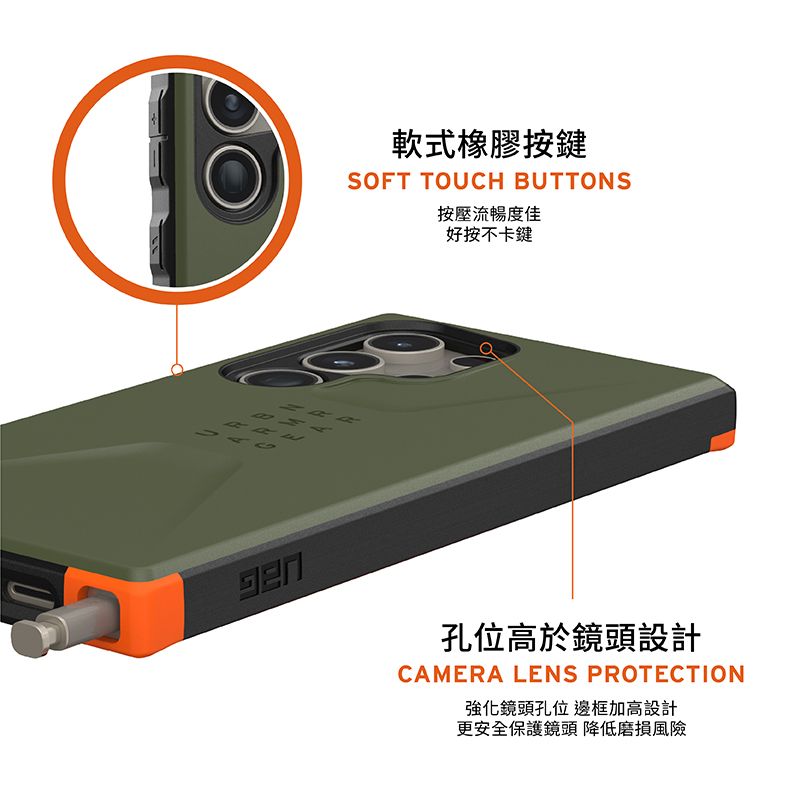 軟式橡膠按鍵SOFT TOUCH BUTTONS按壓流暢度佳好按不卡鍵孔位高於鏡頭設計CAMERA LENS PROTECTION強化鏡頭孔位 邊框加高設計更安全保護鏡頭 降低磨損風險