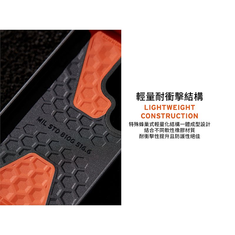 MIL STD 810G 516.6輕量耐衝擊結構LIGHTWEIGHTCONSTRUCTION特殊蜂巢式輕量化結構一體成型設計結合不同軟性橡膠材質耐衝擊性提升且防護性絕佳