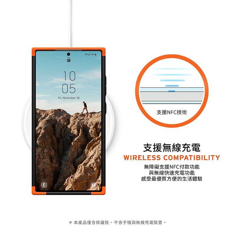 1005Fri, November 18支援NFC技術支援無線充電WIRELESS COMPATIBILITY無障礙支援NFC付款功能與無線快速充電功能感受最優質方便的生活體驗*本產品僅含保護殼,不含手機與無線充電裝置。