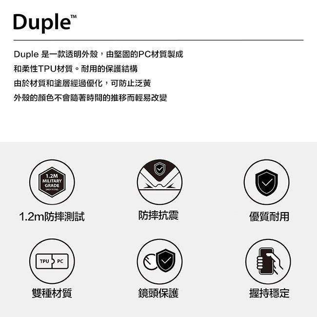 DupleDuple 是一款透明外殼,由堅固的PC材質製成和柔性TPU材質。耐用的保護結構由於材質和塗層經過優化,可防止泛黄外殼的不會隨著時間的推移而輕易改變1.2MMILITARYGRADE1.2m防摔測試防摔抗震優質耐用TPU PC雙種材質鏡頭保護握持穩定