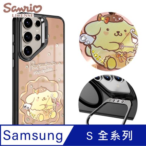 三麗鷗 Samsung S全系列 軍規防摔合金框隱形立架鏡面彩鑽手機殼-布丁狗邱比特-黑框