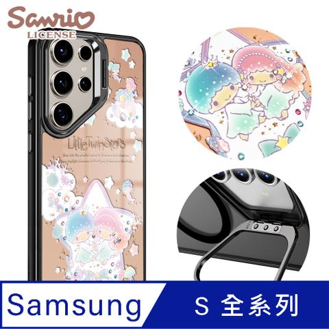 三麗鷗 Samsung S全系列 軍規防摔合金框隱形立架鏡面彩鑽手機殼-海洋雙子星-黑框