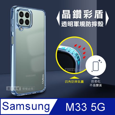 CITY晶鑽彩盾 三星 Samsung Galaxy M33 5G抗發黃透明殼 氣囊軍規防摔殻 手機殼(遠峰藍)