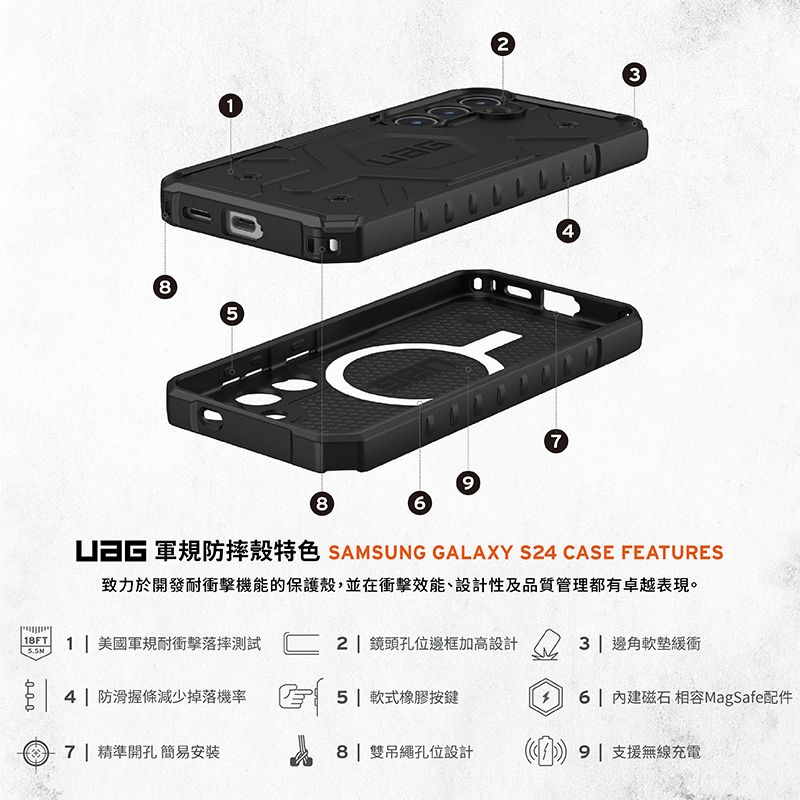 5798  SAMSUNG GALAXY S24 CASE FEATURES致力於開發耐衝擊機能的保護殼,並在衝擊效能、設計性及品質管理都有卓越表現。2 鏡頭孔位邊框加高設計 4 3 邊角軟墊緩衝18FT 1| 美國軍規耐衝擊落摔測試ممم| 4| 防滑握條減少掉落機率5| 軟式橡膠按鍵6 | 內建磁石 相容MagSafe配件7 | 精準開孔 簡易安裝 8雙吊繩孔位設計 1 支援無線充電