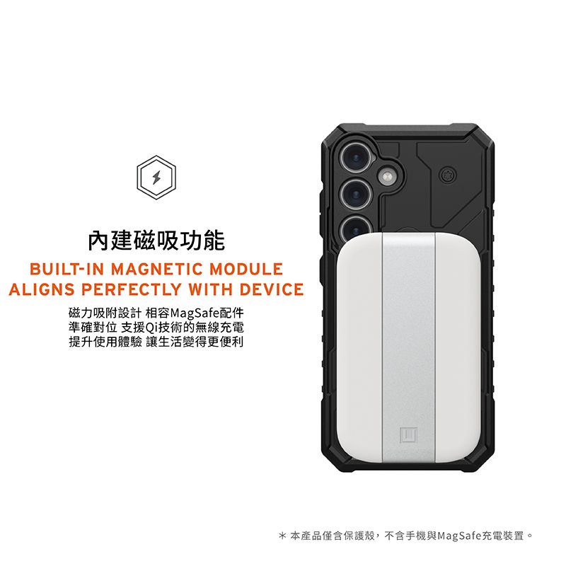 內建磁吸功能BUILT-IN MAGNETIC MODULEALIGNS PERFECTLY WITH DEVICE磁力吸附設計相容MagSafe配件準確對位 支援Qi技術的無線充電提升使用體驗讓生活變得更便利*本產品僅含保護殼,不含手機與MagSafe充電裝置。