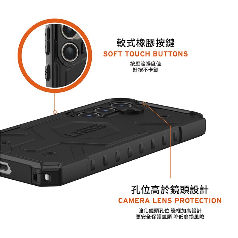 軟式橡膠按鍵SOFT TOUCH BUTTONS按壓流暢度佳好按不卡鍵孔位高於鏡頭設計CAMERA LENS PROTECTION強化鏡頭孔位 邊框加高設計更安全保護鏡頭 降低磨損風險