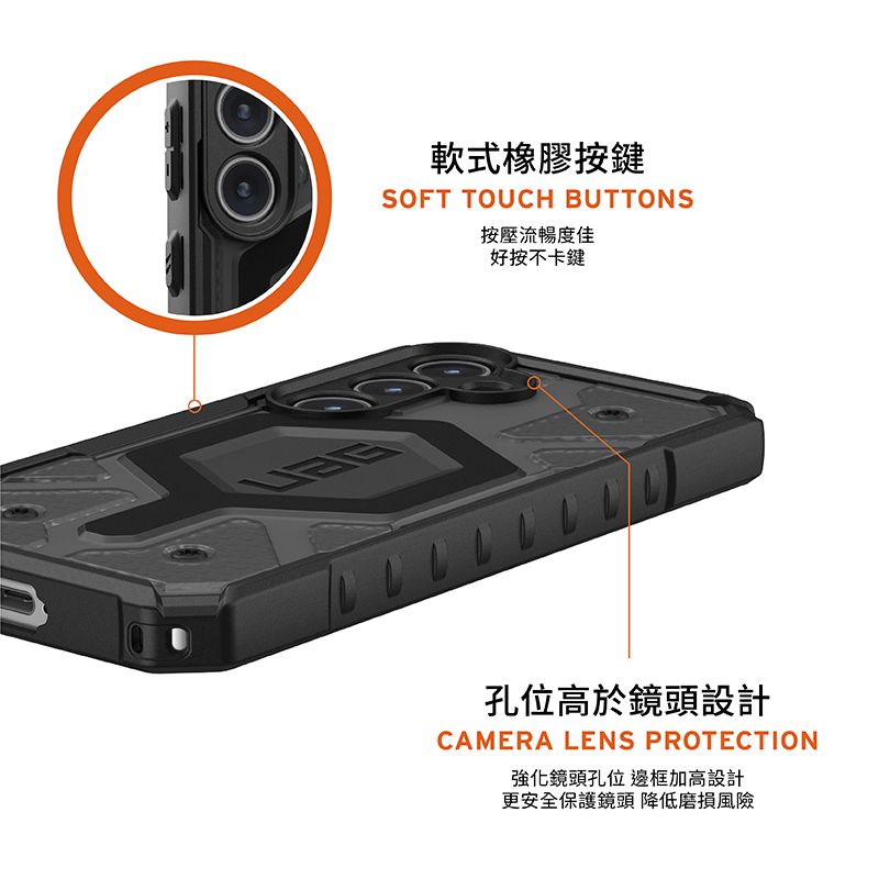 軟式橡膠按鍵SOFT TOUCH BUTTONS按壓流暢度佳好按不卡鍵孔位高於鏡頭設計CAMERA LENS PROTECTION強化鏡頭孔位 邊框加高設計更安全保護鏡頭 降低磨損風險