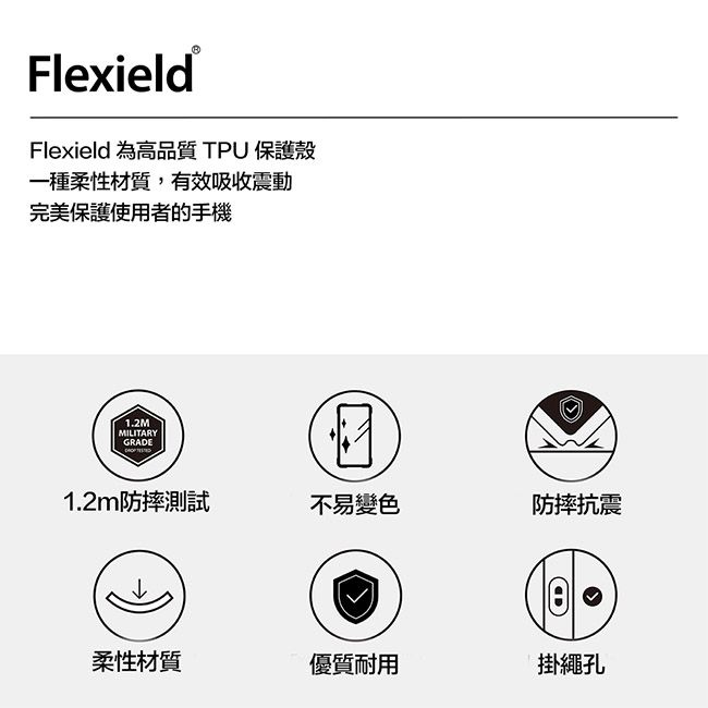 FlexieldFlexield 為高品質 TPU保護殼一種柔性材質,有效吸收震動完美保護使用者的手機1.2MMILITARYGRADE1.2m防摔測試不易變色防摔抗震柔性材質優質耐用掛繩孔