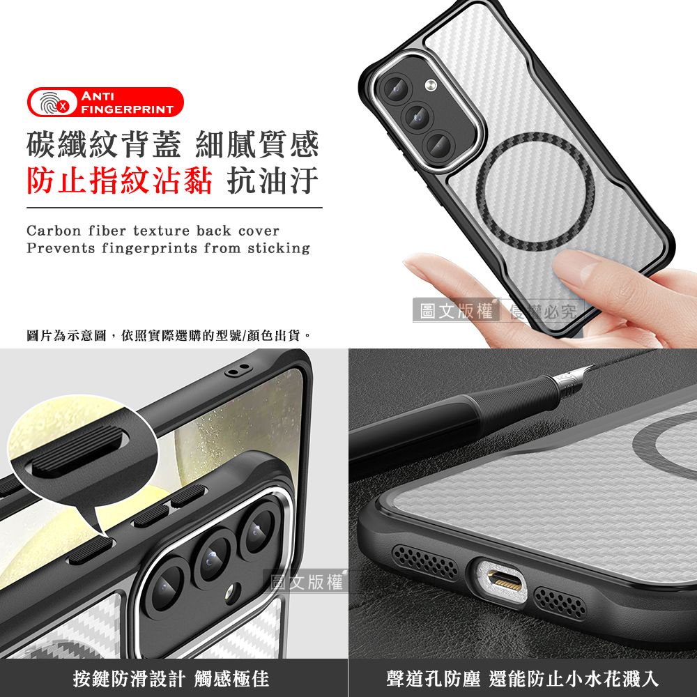 ANTIFINGERPRINT碳纖紋背蓋 細膩質感防止指紋沾黏 抗油汙Carbon fiber texture back coverPrevents fingerprints from sticking版權必究圖片為示意圖,依照實際選購的型號/顏色出貨。圖文版權按鍵防滑設計 觸感極佳聲道孔防塵 還能防止小水花濺入