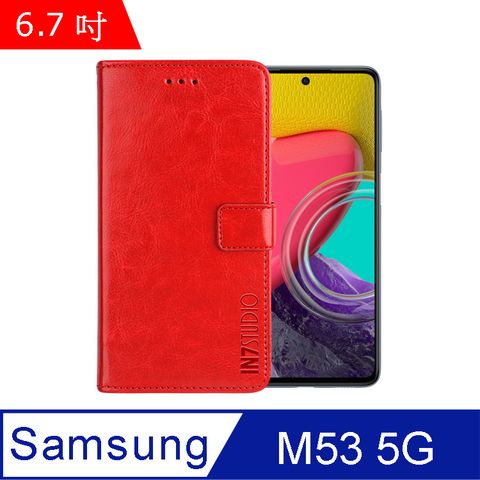 IN7 瘋馬紋 Samsung Galaxy M53 5G (6.7吋) 錢包式 磁扣側掀PU皮套 吊飾孔 手機皮套保護殼-紅色