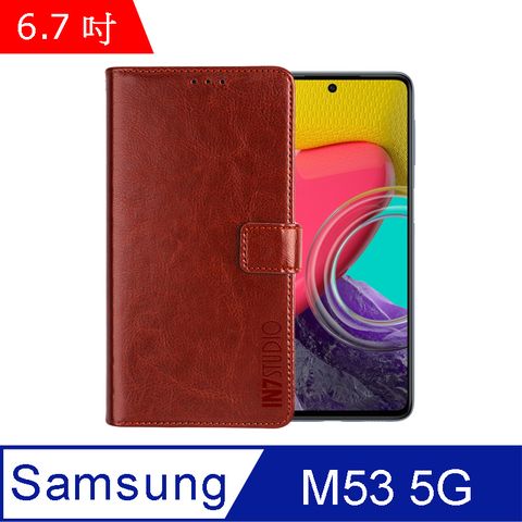 IN7 瘋馬紋 Samsung Galaxy M53 5G (6.7吋) 錢包式 磁扣側掀PU皮套 吊飾孔 手機皮套保護殼-棕色