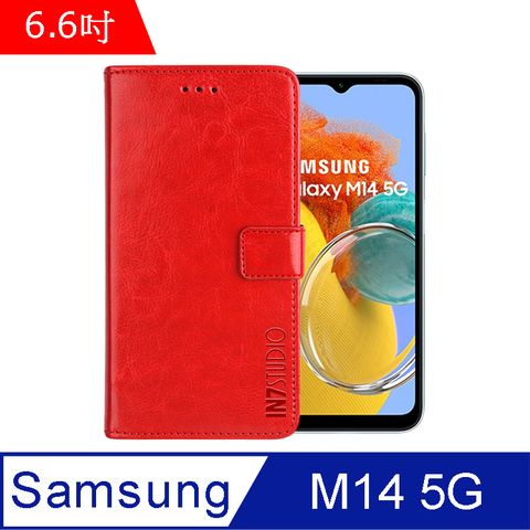 IN7 瘋馬紋 Samsung Galaxy M14 5G (6.6吋) 錢包式 磁扣側掀PU皮套 吊飾孔 手機皮套保護殼-紅色