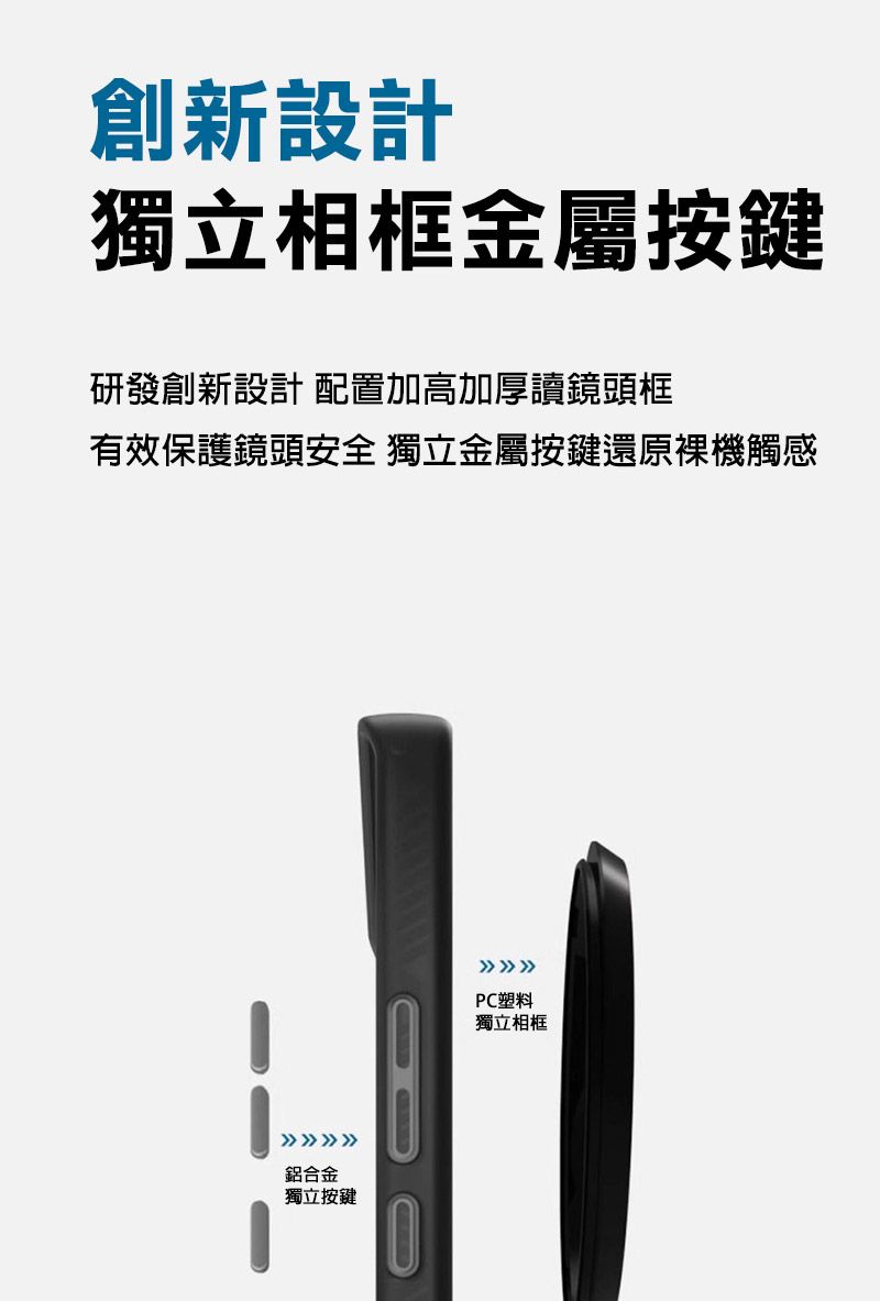 創新設計獨立相框金屬按鍵研發創新設計 配置加高加厚讀鏡頭框有效保護鏡頭安全 獨立金屬按鍵還原觸感鋁合金獨立按鍵PC塑料獨立相框