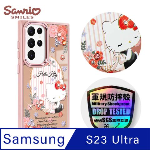 APBS 三麗鷗 Samsung Galaxy S23 Ultra 軍規防摔鋁合金鏡頭框鏡面手機殼-玫瑰凱蒂-粉框