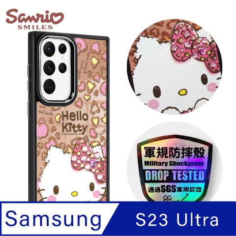 APBS 三麗鷗 Samsung Galaxy S23 Ultra 軍規防摔鋁合金鏡頭框鏡面手機殼-豹紋凱蒂-黑框