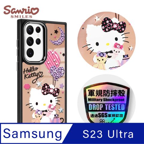 APBS 三麗鷗 Samsung Galaxy S23 Ultra 軍規防摔鋁合金鏡頭框鏡面手機殼-凱蒂夜未眠-黑框