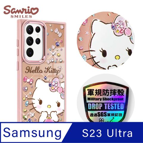 APBS 三麗鷗 Samsung Galaxy S23 Ultra 軍規防摔鋁合金鏡頭框鏡面手機殼-寶石凱蒂-粉框