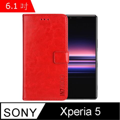 IN7 瘋馬紋 SONY Xperia 5 (6.1吋) 錢包式 磁扣側掀PU皮套 吊飾孔 手機皮套保護殼-紅色