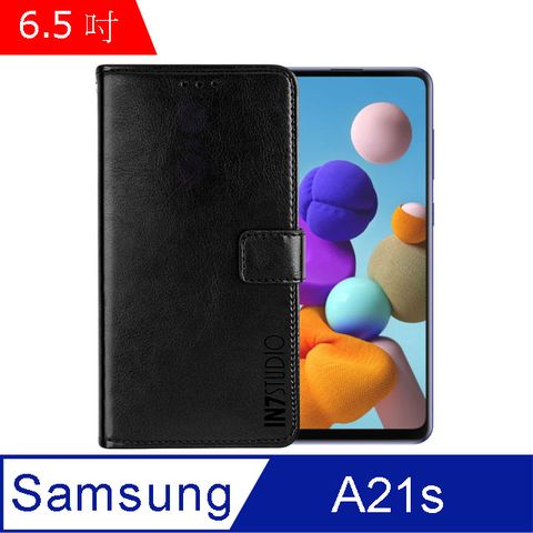 IN7 瘋馬紋 Samsung Galaxy A21s (6.5吋) 錢包式 磁扣側掀PU皮套 吊飾孔 手機皮套保護殼-黑色