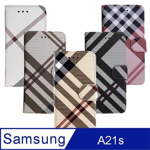 Aguchi 亞古奇 Samsung Galaxy A21s (6.5吋) 英倫格紋氣質手機皮套 側掀磁扣高度防護 獨家限量發行