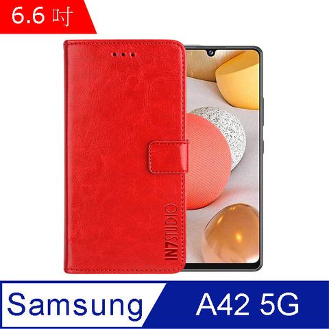 IN7 瘋馬紋 Samsung Galaxy A42 5G (6.6吋) 錢包式 磁扣側掀PU皮套 吊飾孔 手機皮套保護殼-紅色