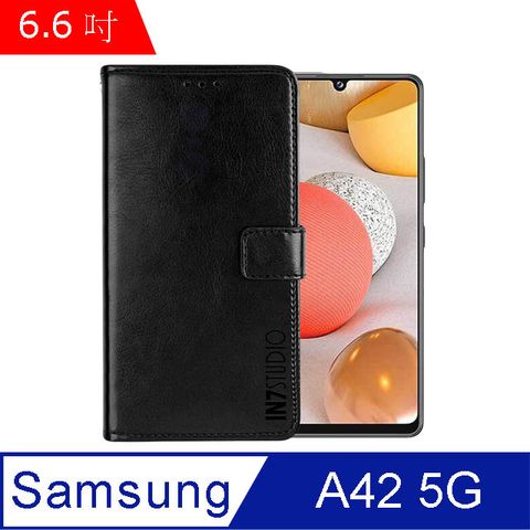 IN7 瘋馬紋 Samsung Galaxy A42 5G (6.6吋) 錢包式 磁扣側掀PU皮套 吊飾孔 手機皮套保護殼-黑色