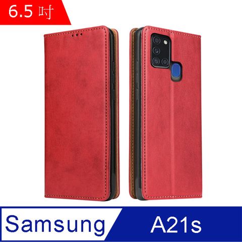 PU Fierre Shann 真皮紋 Samsung A21s (6.5吋) 錢包支架款 磁吸側掀 手工皮套保護殼-紅色