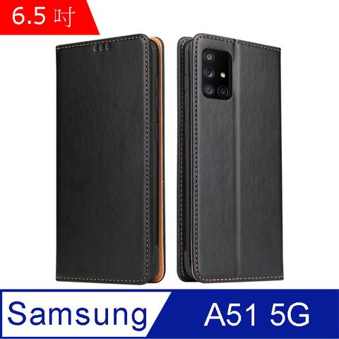 Fierre Shann 真皮紋 Samsung A51 5G (6.5吋) 錢包支架款 磁吸側掀 手工PU皮套保護殼-黑色
