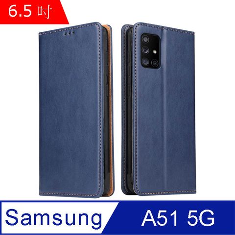 Fierre Shann 真皮紋 Samsung A51 5G (6.5吋) 錢包支架款 磁吸側掀 手工PU皮套保護殼-藍色