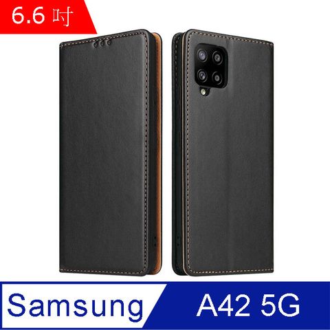 Fierre Shann 真皮紋 Samsung A42 5G (6.6吋) 錢包支架款 磁吸側掀 手工皮套保護殼-黑色