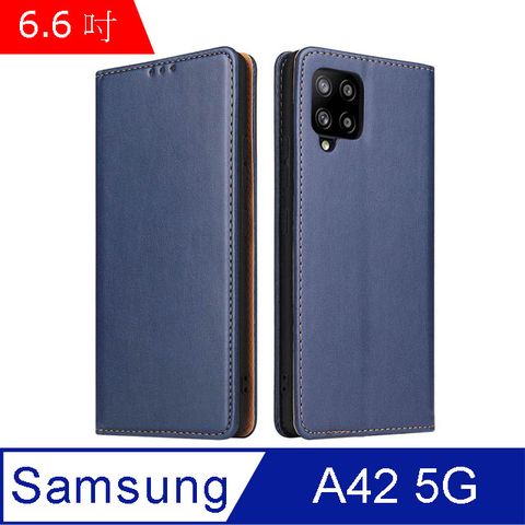 Fierre Shann 真皮紋 Samsung A42 5G (6.6吋) 錢包支架款 磁吸側掀 手工PU皮套保護殼-藍色