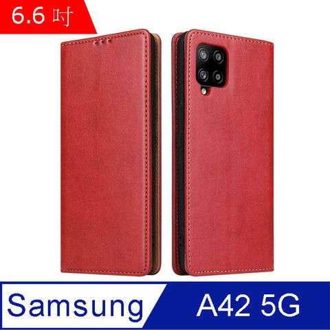 Fierre Shann 真皮紋 Samsung A42 5G (6.6吋) 錢包支架款 磁吸側掀 手工PU皮套保護殼-紅色