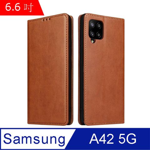 Fierre Shann 真皮紋 Samsung A42 5G (6.6吋) 錢包支架款 磁吸側掀 手工PU皮套保護殼-棕色