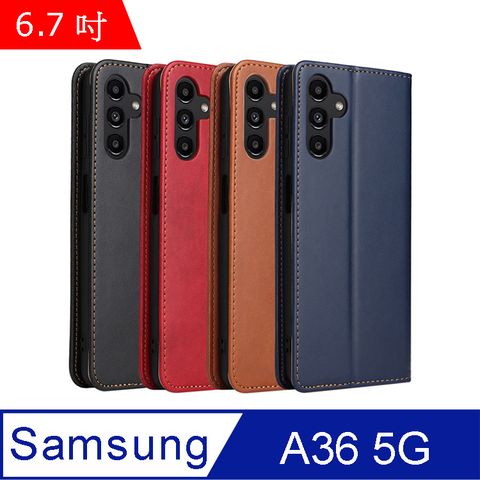 Fierre Shann 真皮紋 Samsung A36 5G (6.7吋) 磁吸側掀 手工PU皮套
