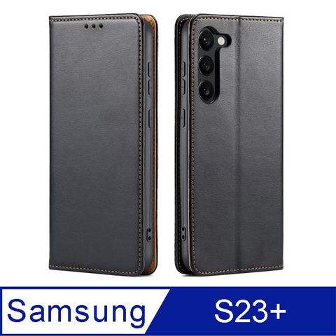 Fierre Shann 真皮紋 Samsung Galaxy S23+ (6.6吋) 錢包支架款 磁吸側掀 手工PU皮套保護殼-黑色