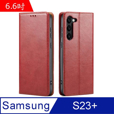 Fierre Shann 真皮紋 Samsung Galaxy S23+ (6.6吋) 錢包支架款 磁吸側掀 手工PU皮套保護殼-紅色