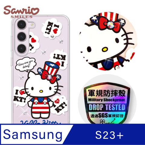 APBS 三麗鷗 Kitty Samsung Galaxy S23+ 輕薄軍規防摔水晶彩鑽手機殼-凱蒂美國派