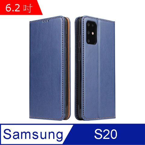 PU Fierre Shann 真皮紋 Samsung S20 (6.2吋) 錢包支架款 磁吸側掀 手工皮套保護殼-藍色