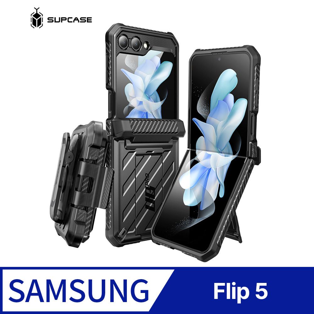  SUPCASE Galaxy Z Flip 5-抗震防摔支架保護殼(黑: 含外螢幕防護膜夾扣套)