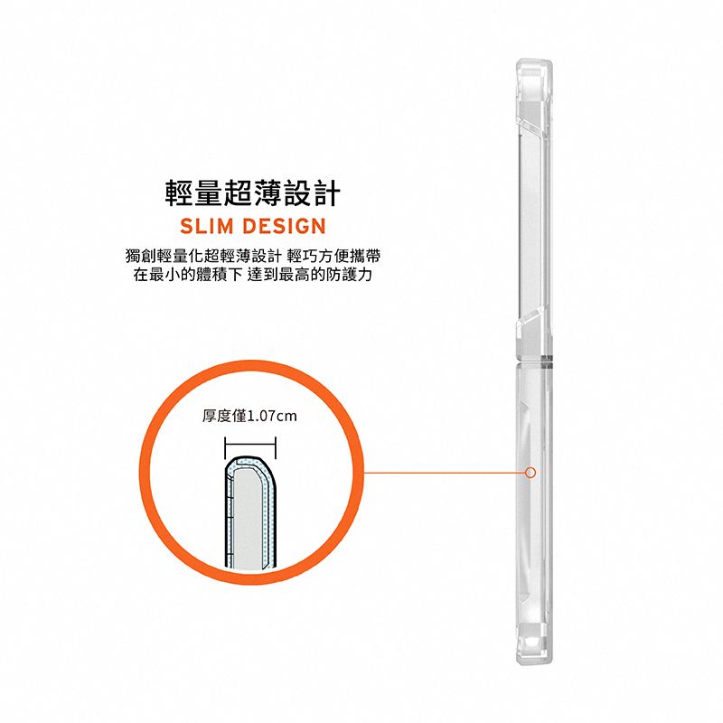 輕量超薄設計SLIM DESIGN獨創輕量化超輕薄設計輕巧方便攜帶在最小的體積下達到最高的防護力厚度僅1.07cm