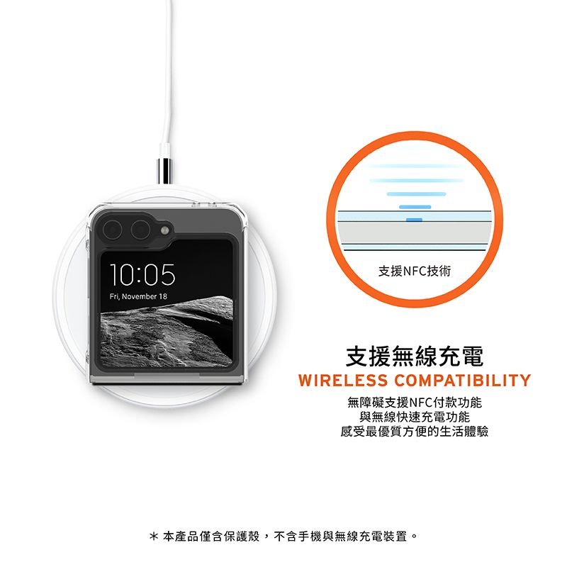 10:05Fri, November 18支援NFC技術支援無線充電WIRELESS COMPATIBILITY無障礙支援NFC付款功能與無線快速充電功能感受最優質方便的生活體驗*本產品僅含保護殼,不含手機與無線充電裝置。